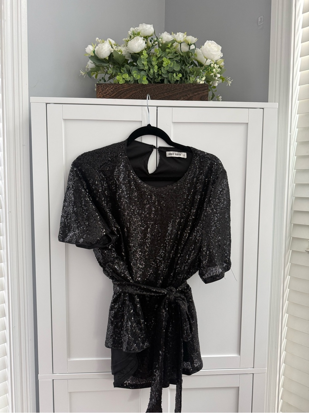 Grace Karin Black Asymmetrical Sequin Belted Dress